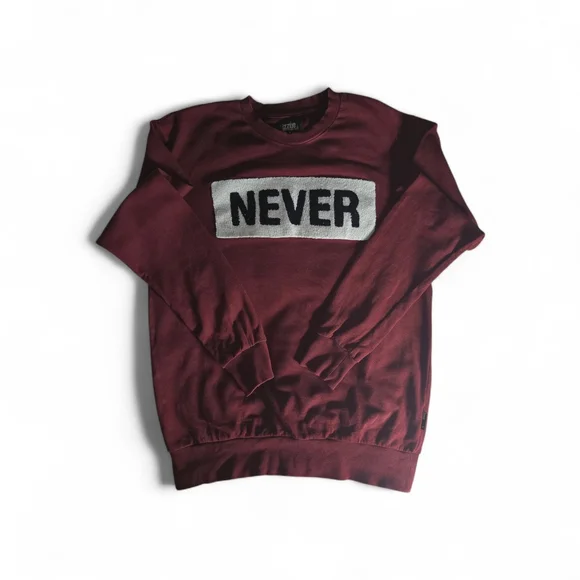 Men's Burgundy Crewneck Sweatshirt with 'NEVER' Chest Patch - Picture 5 of 6